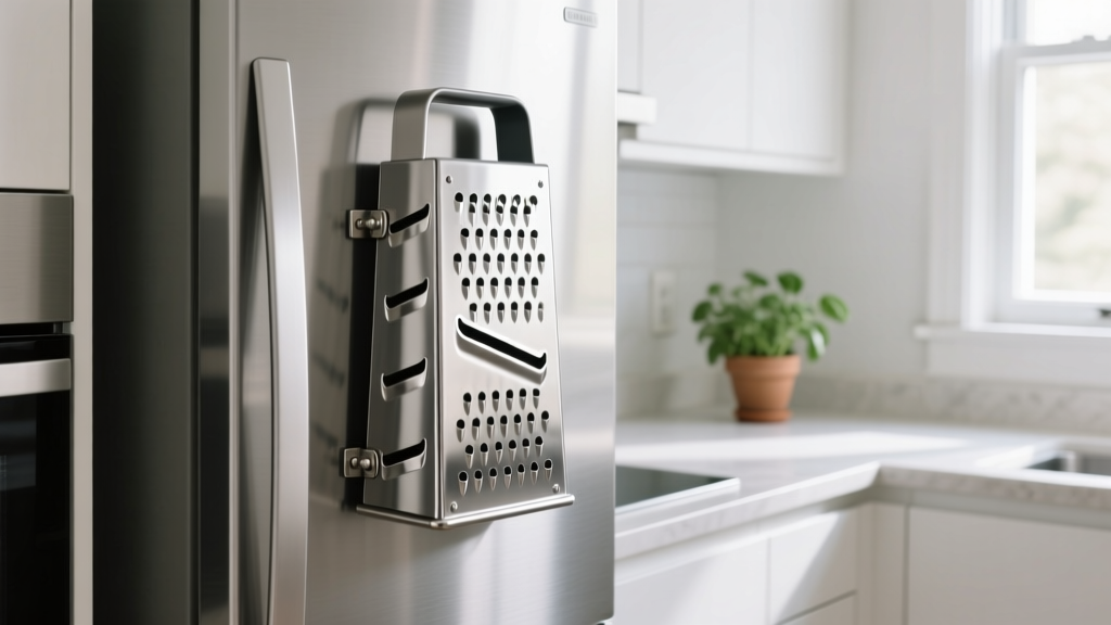 Magnetic stainless steel grater sleeve attached to a refrigerator door, maximizing storage in a small compact kitchen