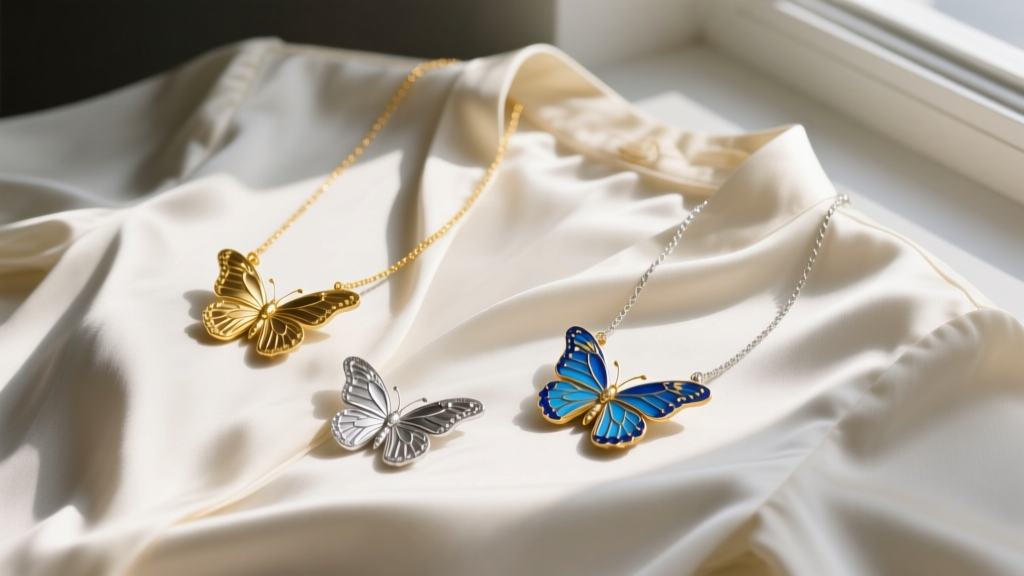 Flat lay of three Pilgrim butterfly necklaces in gold, silver, and blue enamel, styled on a silk blouse under soft natural light.