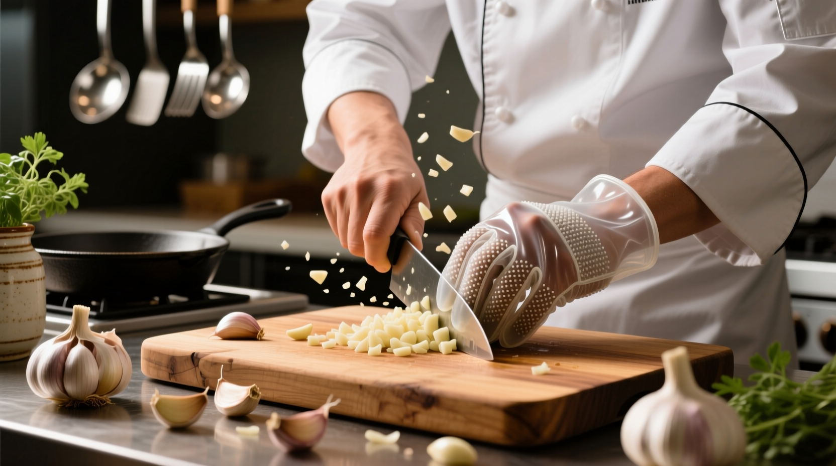 Chef using silicone garlic glove on cutting board