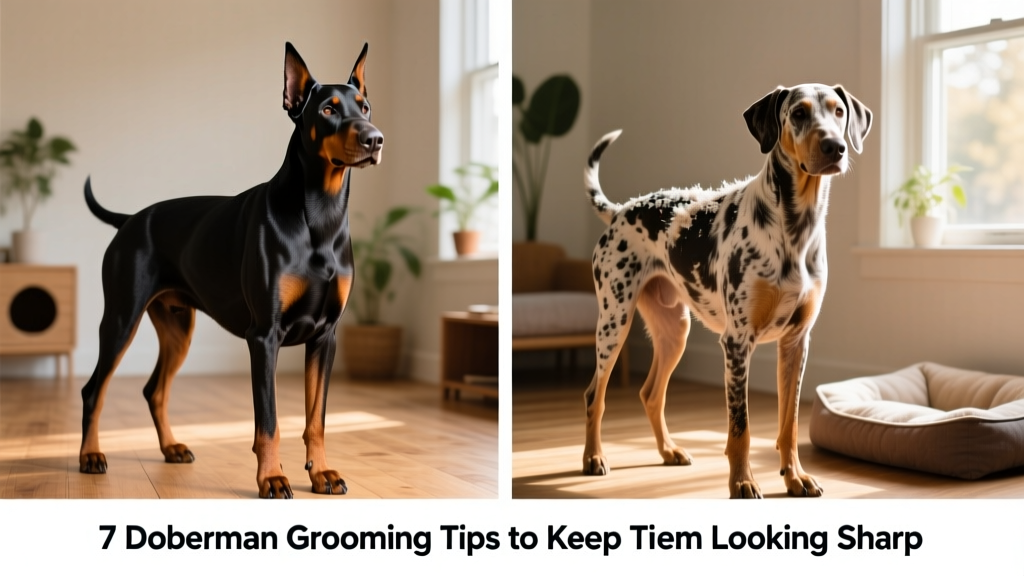 Side-by-side comparison showing a healthy Doberman coat versus one with dullness and flaking