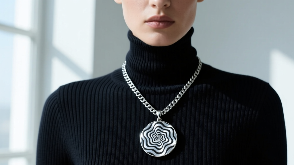 Model wearing a silver rolo chain and a moiré pattern optical illusion hypno pendant resting on a dark ribbed turtleneck sweater.