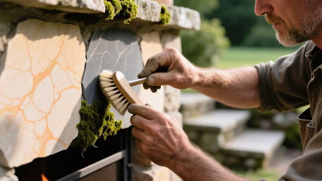Close-up of a mason gently scrubbing moss off natural thin veneer stone on an exterior fireplace chimney using a soft bristle brush