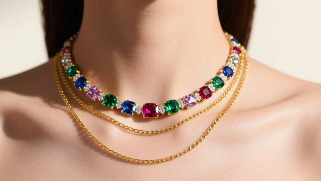 A neck showcasing a layered 14k gold multi gemstone necklace at 18 inches paired with a simple 16-inch solid gold chain.