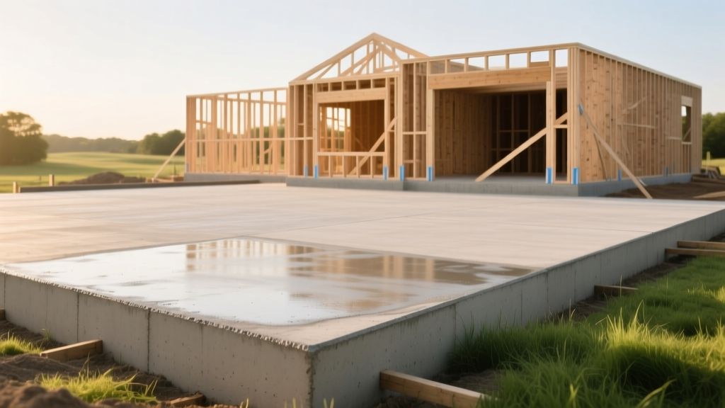 Freshly poured monolithic concrete slab foundation for a sprawling ranch house with wooden wall framing beginning in the background.
