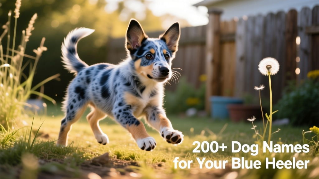 A lively Blue Heeler puppy mid-play, showing off its distinctive speckled blue-gray coat and alert expression