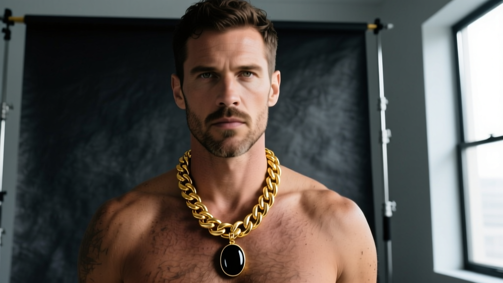 Rugged man wearing a thick 14k yellow gold Cuban link chain with a matte onyx signet pendant against a dark studio background