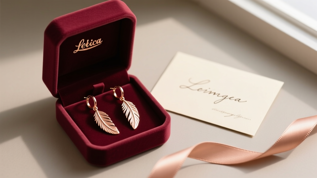 Flat lay gift box containing rose gold vermeil feather drop hoops nestled in velvet, beside a handwritten greeting card and ribbon.