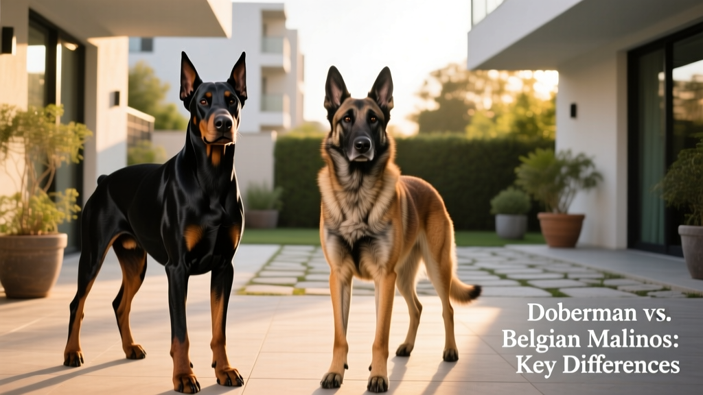 Side-by-side comparison of a sleek Doberman and an athletic Belgian Malinois standing confidently outdoors