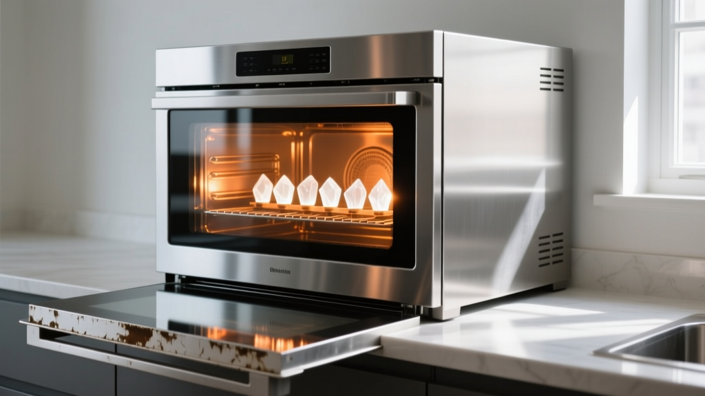Interior view of a stainless steel countertop convection oven revealing glowing quartz heating elements and a scratched bottom rack
