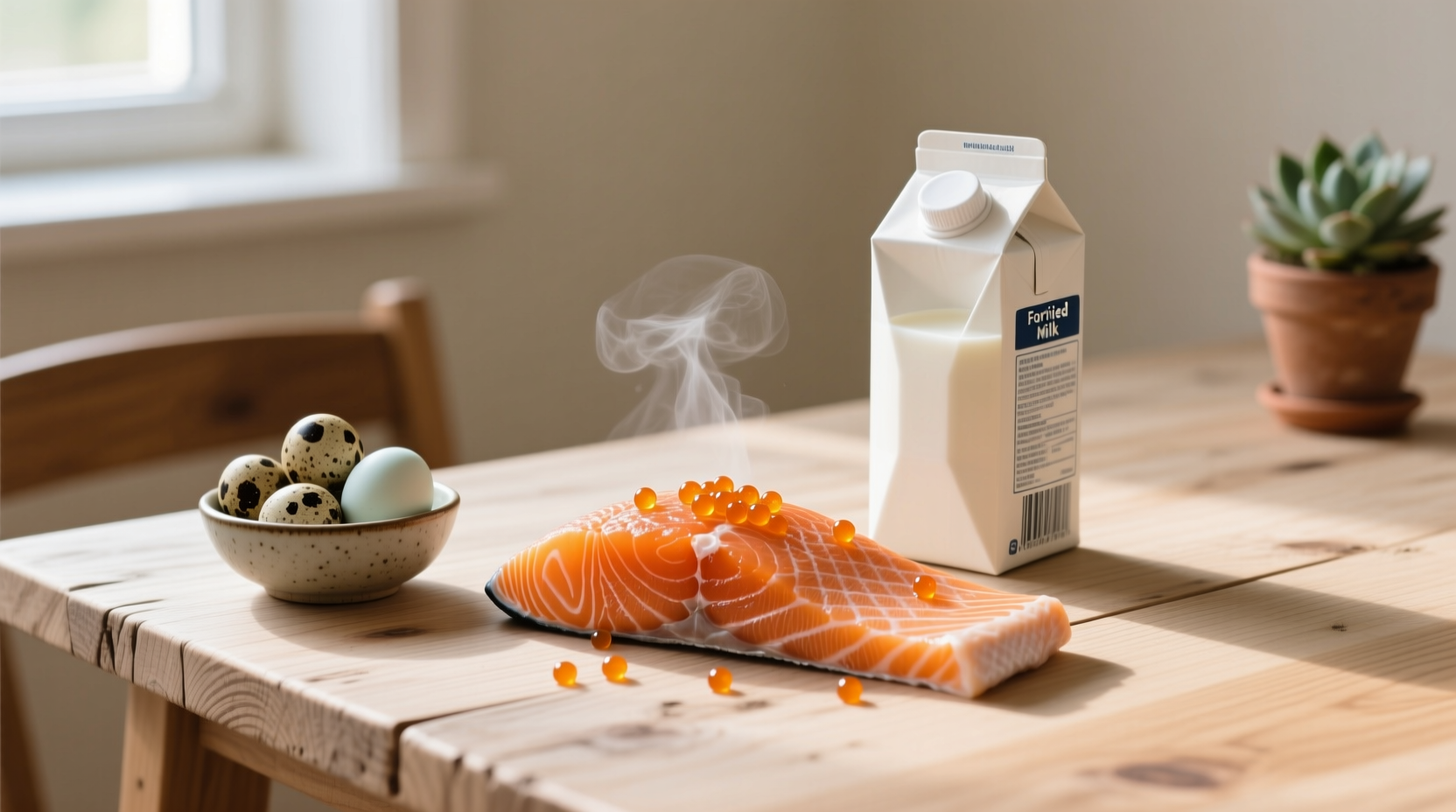 Salmon, eggs, and fortified milk on wooden table