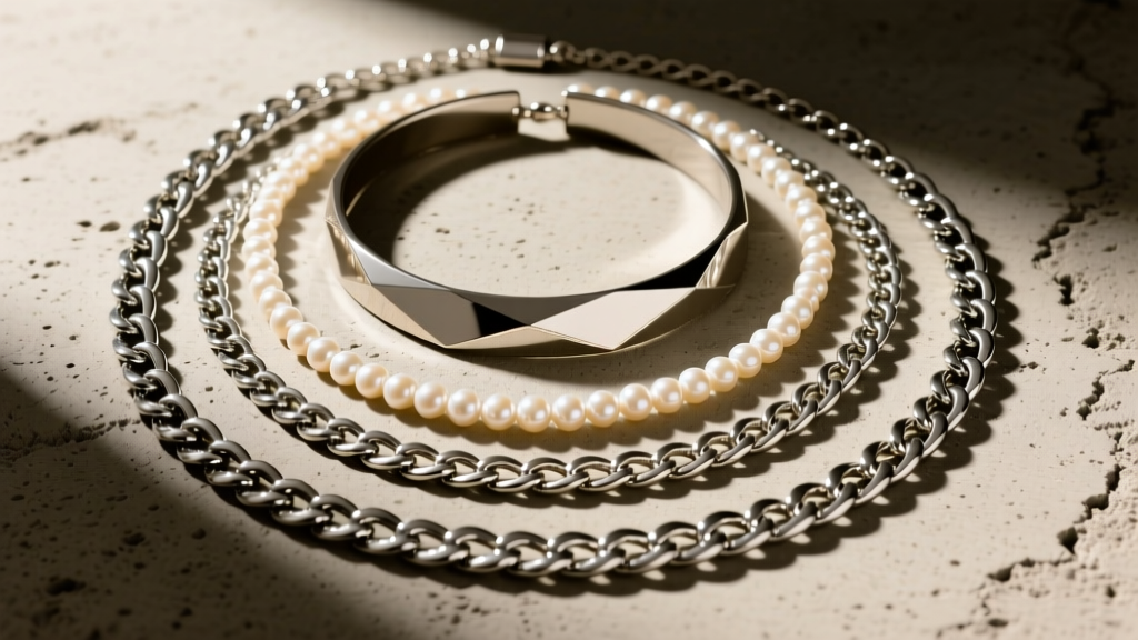 Top-down flat lay of a 16-inch choker, 18-inch pearl strand, and 22-inch Cuban link chain layered on raw concrete texture.