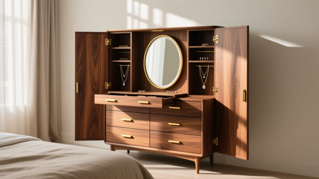 Wooden jewelry armoire in a sunlit bedroom, featuring multiple drawers, a drop-down mirror, and side doors for hanging necklaces