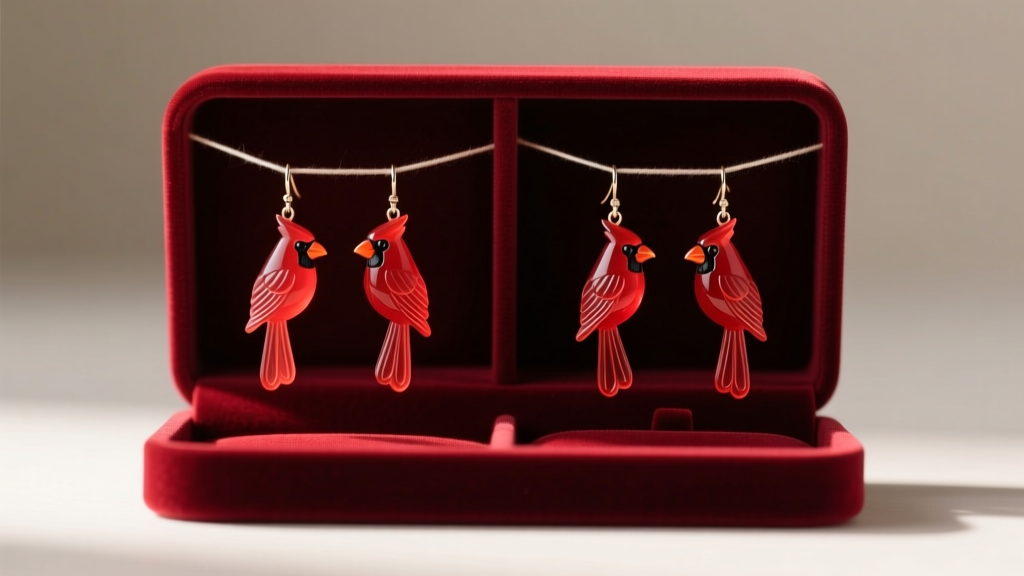 Divided velvet jewelry box holding delicate red resin cardinal dangle earrings safely separated to prevent surface scratches.