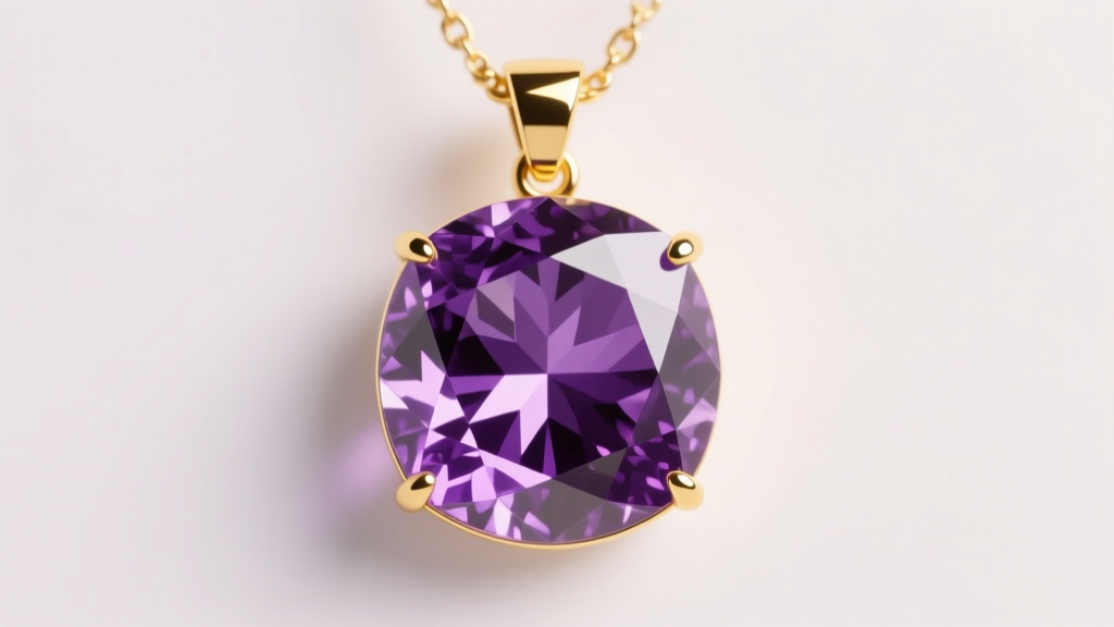 Macro shot of a faceted 15-carat Siberian amethyst crystal jewelry pendant in 18k yellow gold, displaying deep purple color zoning.