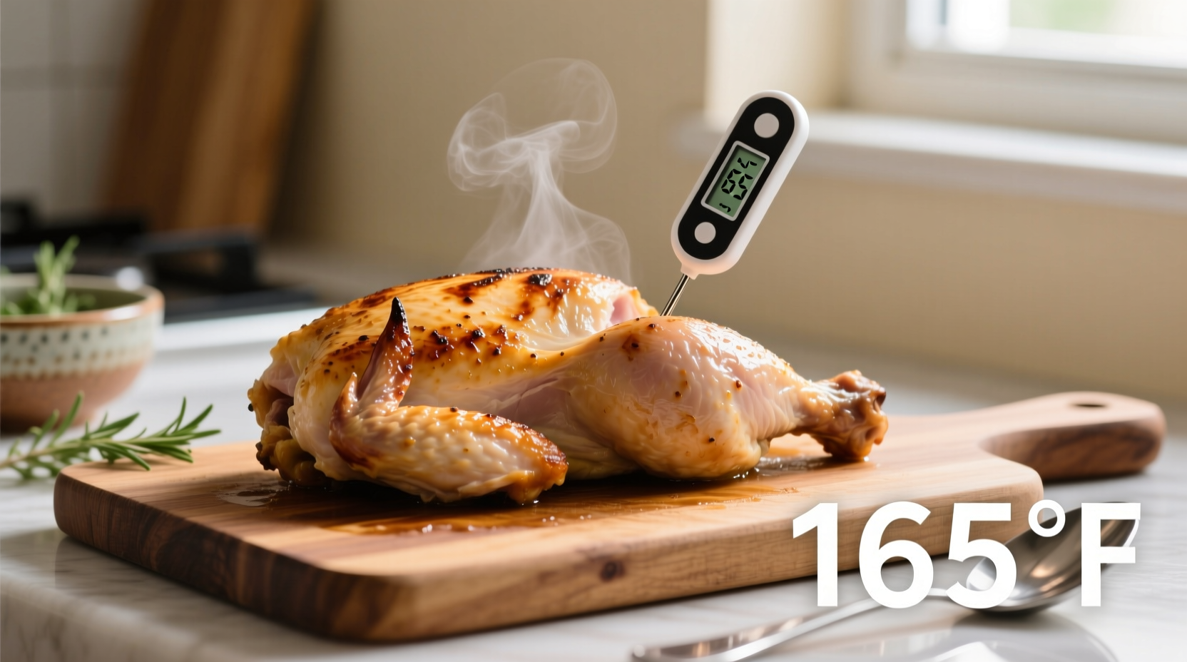 Perfectly cooked chicken breast with thermometer reading