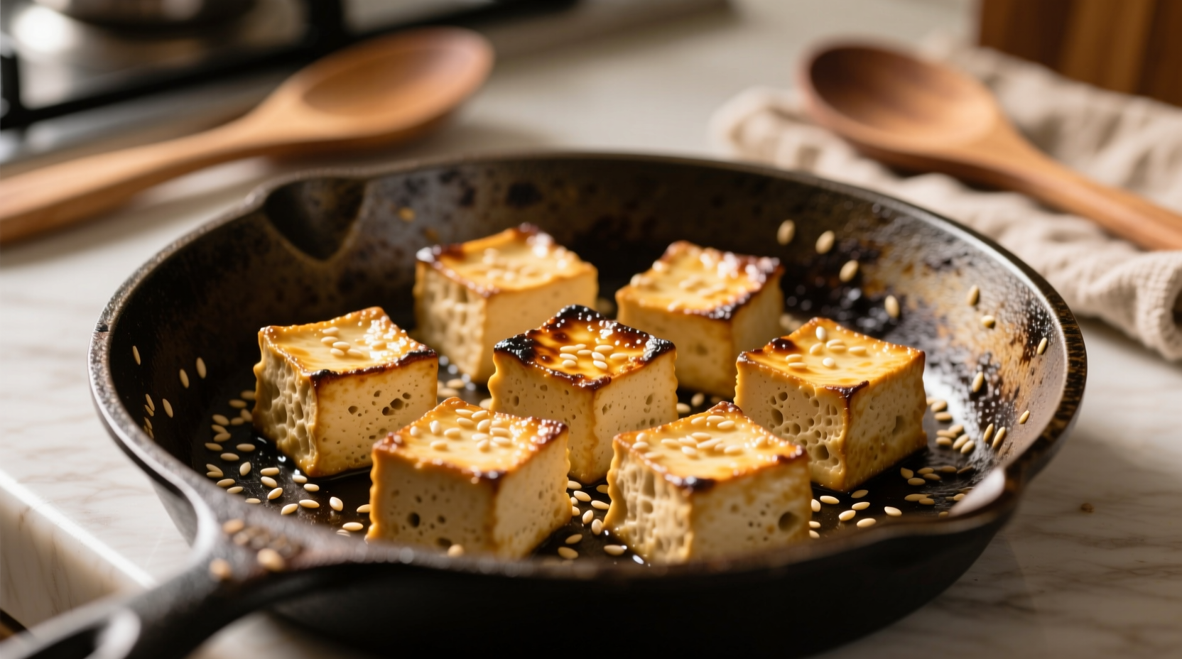 Golden brown tofu cubes in cast iron skillet with sesame seeds