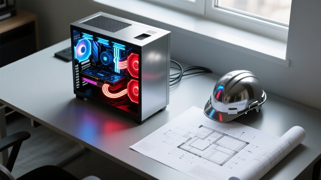 Overhead view of a custom PC workstation with glowing components on a desk next to architectural blueprints and a hard hat