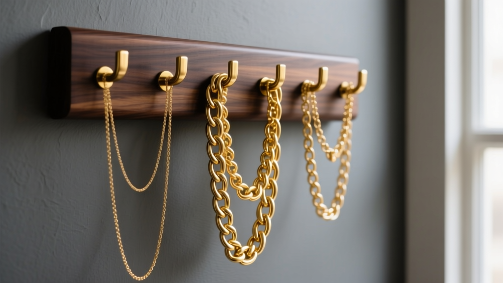 Sleek dark walnut wall mounted jewelry organizer with brass hooks displaying heavy gold chain necklaces against a slate gray wall