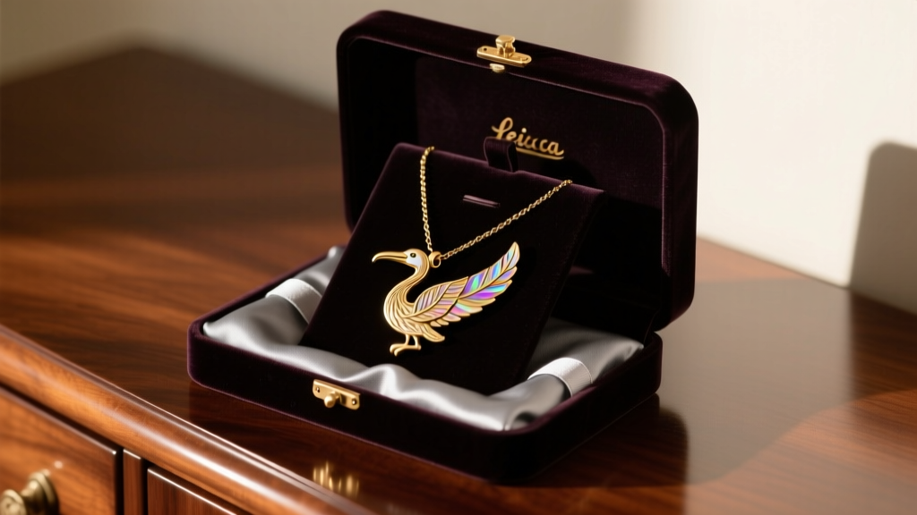 Open velvet jewelry box displaying an albatross necklace stored with anti-tarnish strips, resting on a polished mahogany dresser.