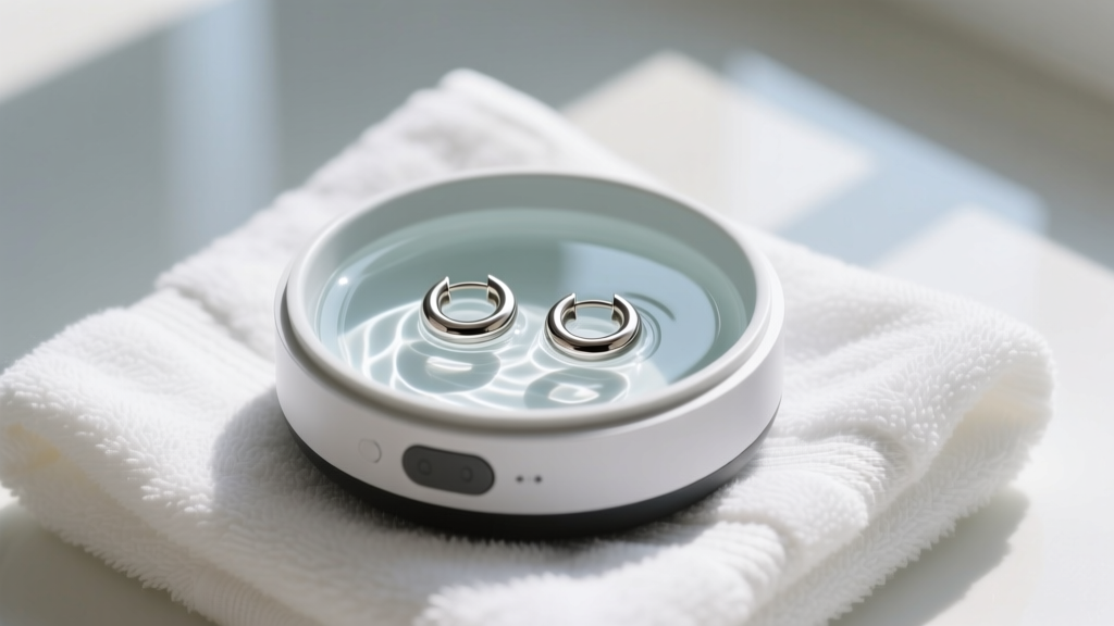 Small ultrasonic jewelry cleaner filled with water, with titanium huggie hoops submerged inside, sitting on a clean white towel