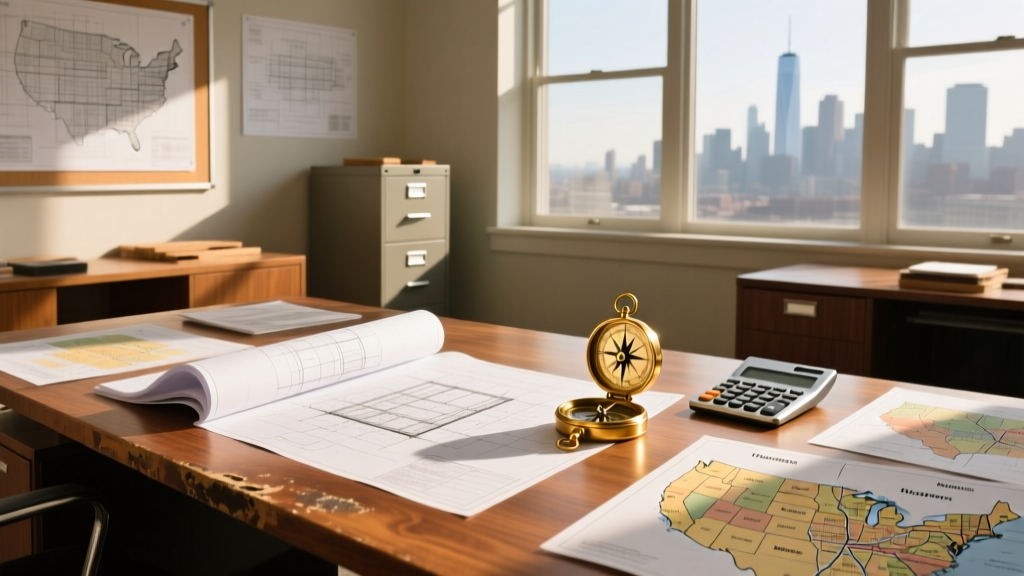Architectural blueprints on a wooden desk with a calculator, brass compass, and regional US zoning maps in a sunlit construction office.