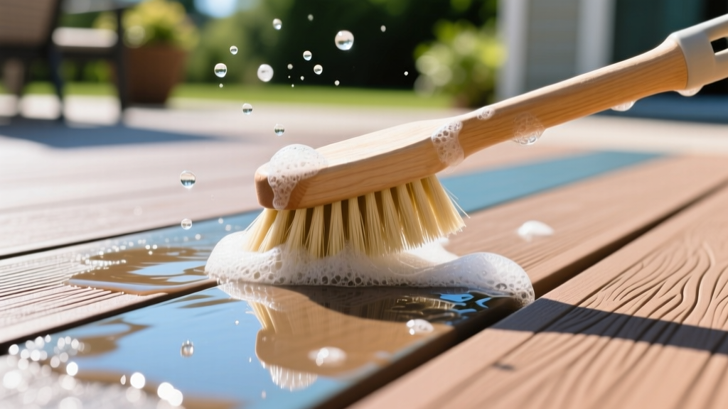 Soft nylon brush scrubbing soapy water over the textured polymer cap of a Trex composite deck board in bright sunlight