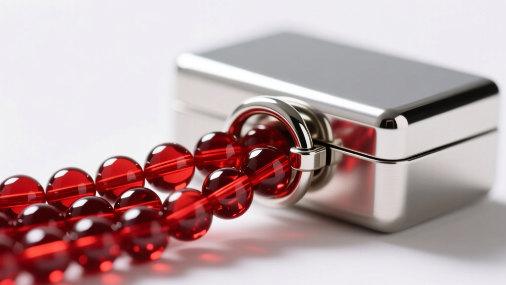Macro shot of a stainless steel box clasp with a figure-8 safety catch securing a thick strand of bright cherry red lucite beads.