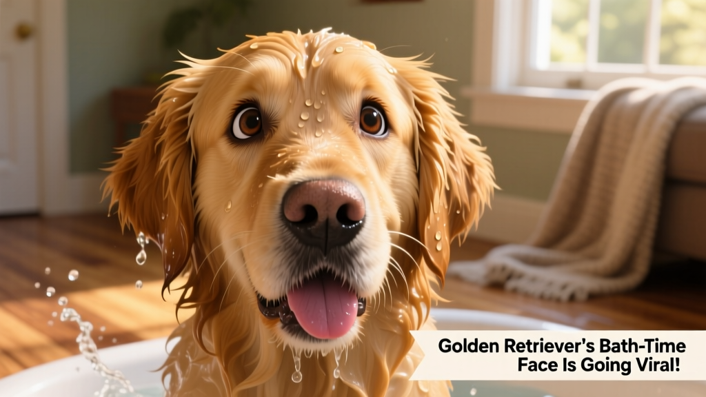 Close-up of Teddy’s expressive face mid-drying: wide eyes, slightly raised eyebrows, damp fur clinging to his cheeks