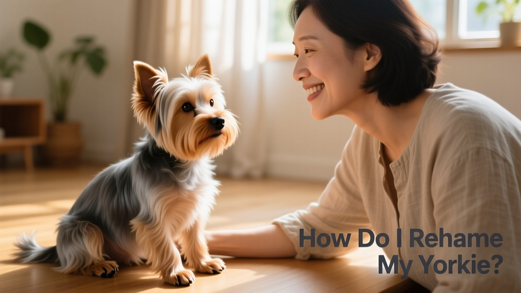A gentle close-up of a Yorkie sitting calmly beside a smiling adult, illustrating trust and connection