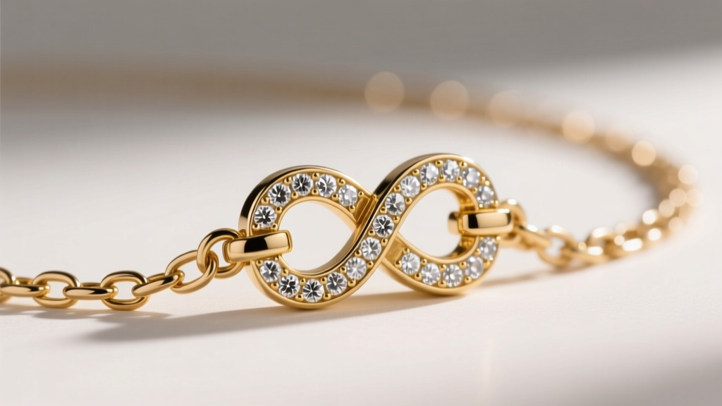 Macro shot of a diamond-encrusted box clasp with a figure-eight safety latch on a 10mm gold vermeil Franco chain necklace