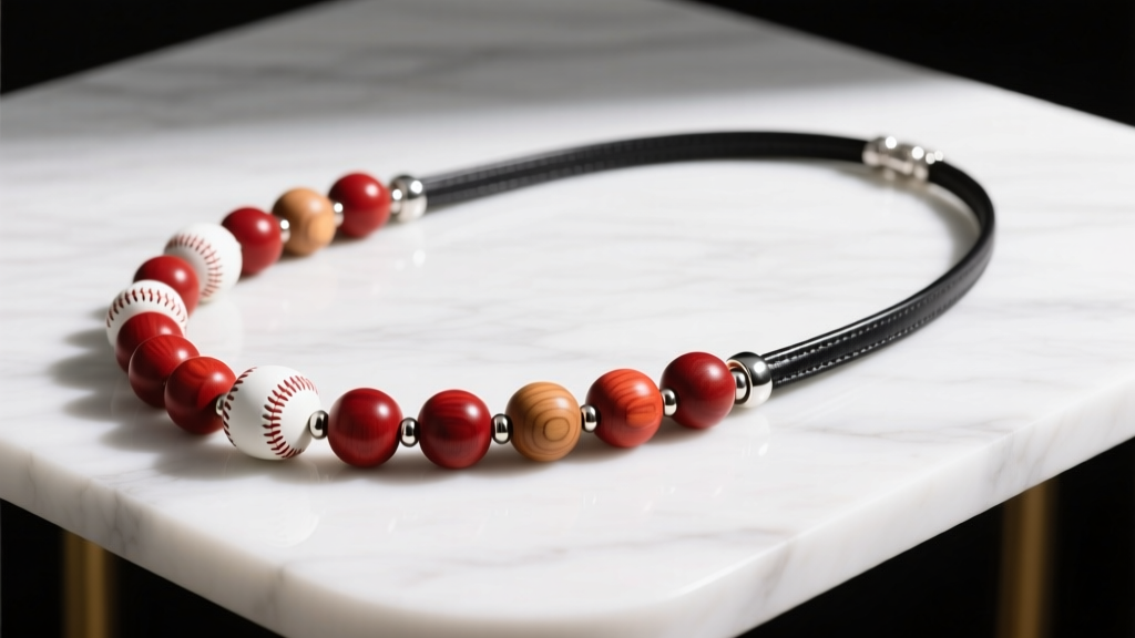 Red and white wooden beads, black leather cord, and silver crimps from a baseball bead necklace kit laid out on a white table.