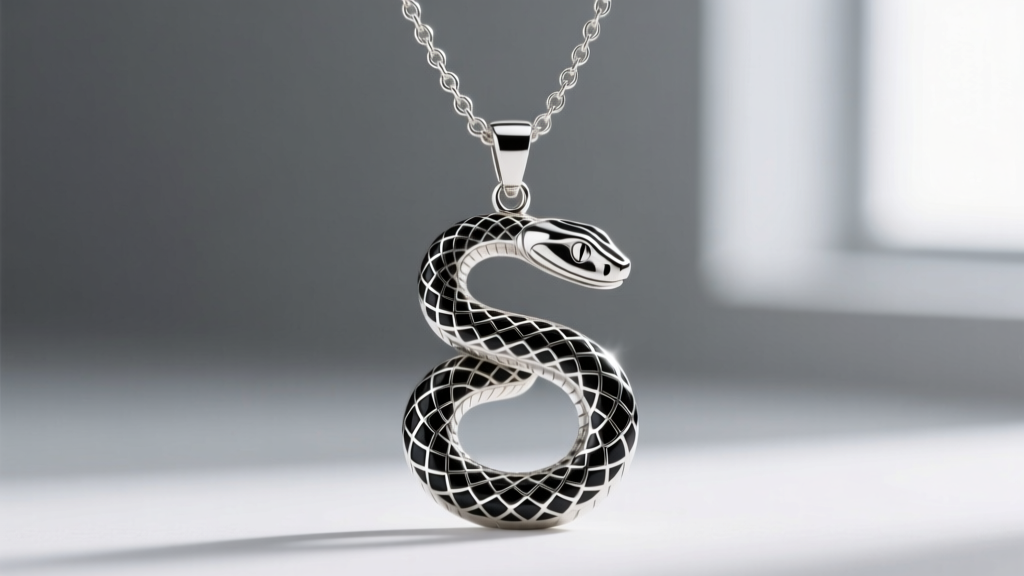 Close-up of a sterling silver ouroboros snake pendant featuring black champlevé enamel scales on a delicate 18-inch rolo chain.