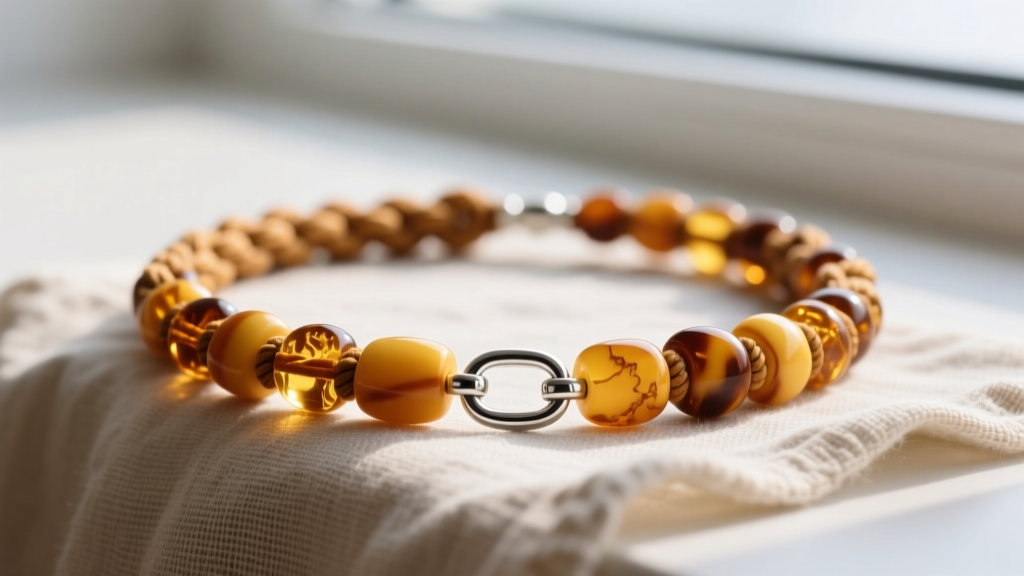 Close-up of genuine Baltic amber teething necklace with knotted cognac beads and a breakaway safety clasp on soft linen