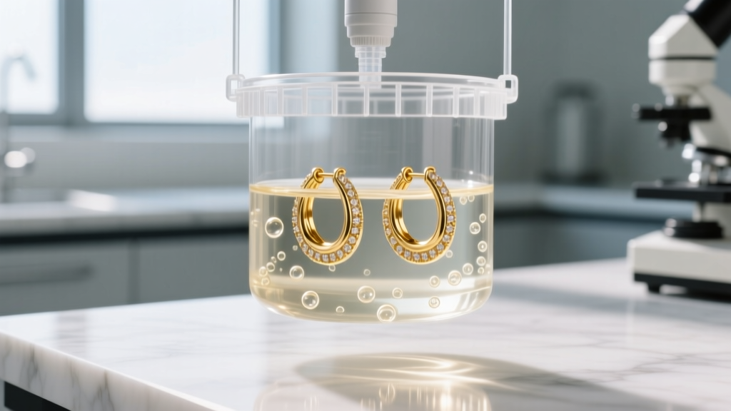 Close-up of an ultrasonic cleaner holding 14k gold hoop earrings in a suspended basket filled with a mild surfactant liquid bath
