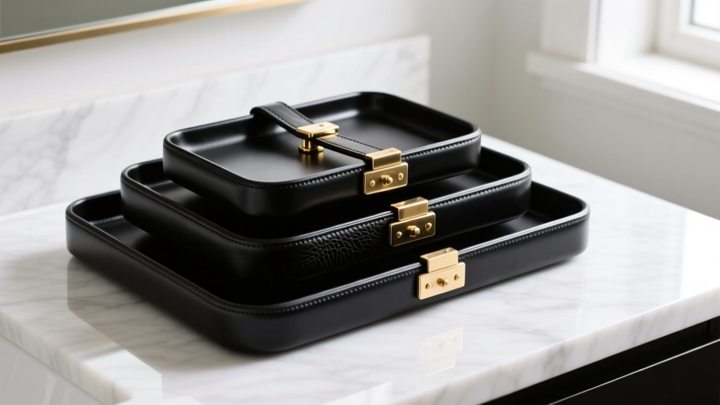 Three stacked trays with interlocking lids, black PU leather and brass hardware, resting on a white marble vanity surface top.