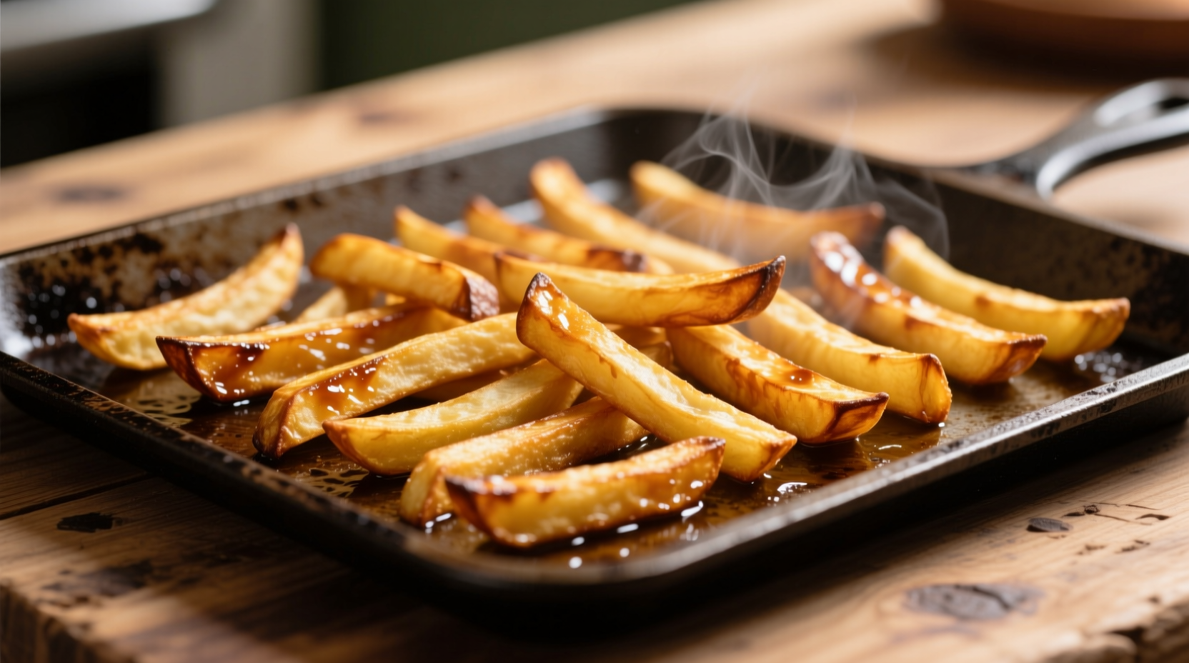 Golden brown oven fries on baking sheet