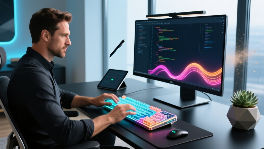 A man using a programmable mechanical keyboard with custom RGB lighting at a modern home office desk setup in 2026