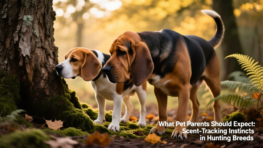 A Beagle and a Bloodhound side-by-side, both sniffing intently at the base of a tree trunk, showcasing intense scent-tracking focus