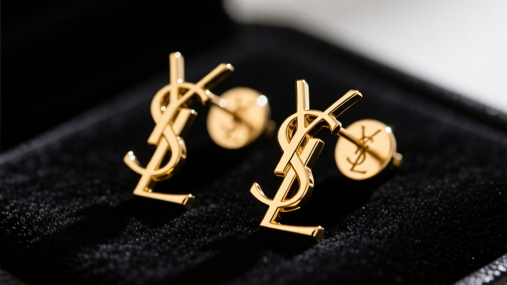 Macro shot of gold-plated YSL monogram clip-on earrings on dark velvet, highlighting hallmark engravings and heavy brass texture.