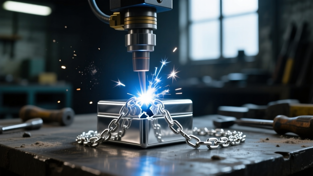 Macro shot of laser welder repairing a sterling silver box chain, showing a bright spark at the broken link joint in a dark workshop.