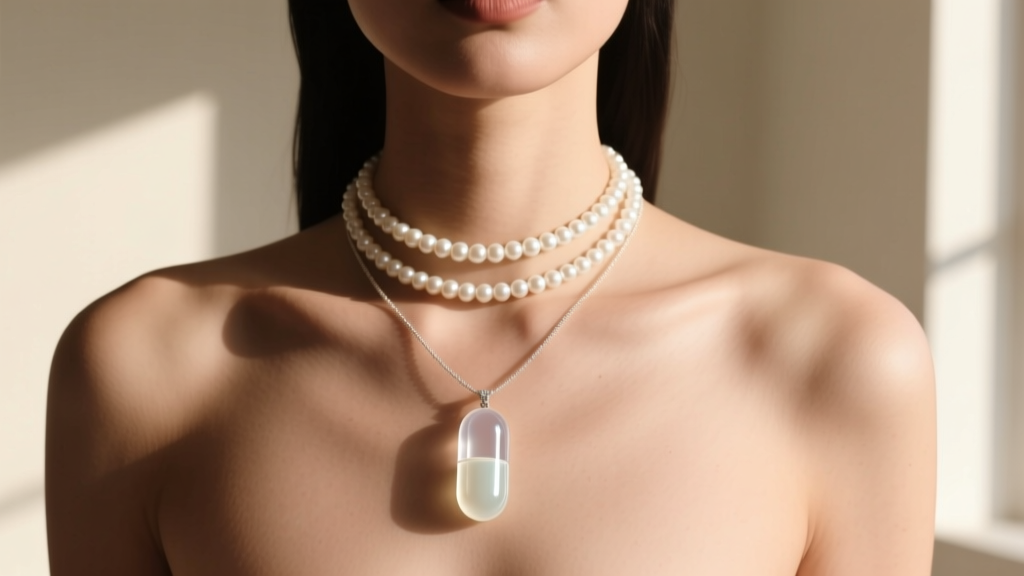 Layered necklace stack with a Tums resin pendant and a minimalist pearl choker resting elegantly on a model