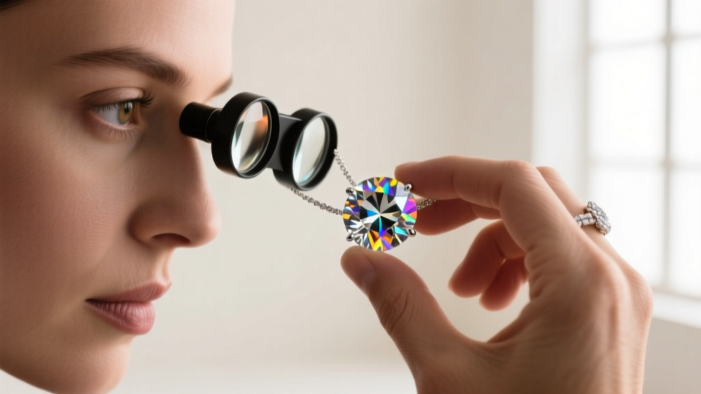Gemologist hands holding a 10x triplet loupe to the eye, inspecting a brilliant-cut gemstone necklace for internal inclusions.
