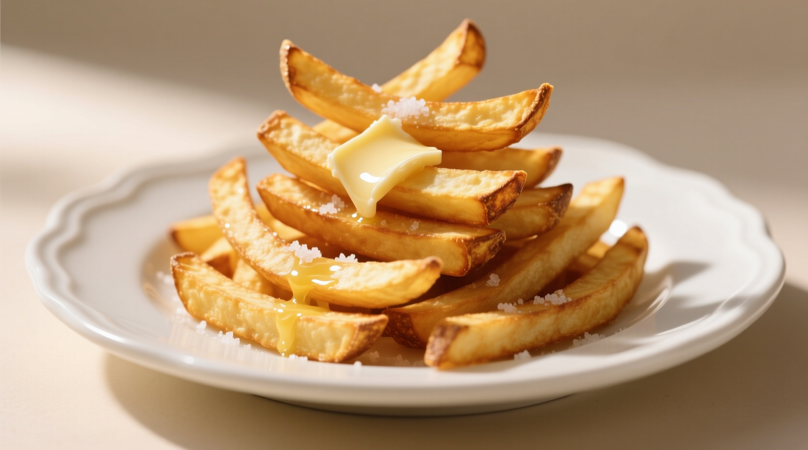 Perfectly golden crispy french fries on white plate