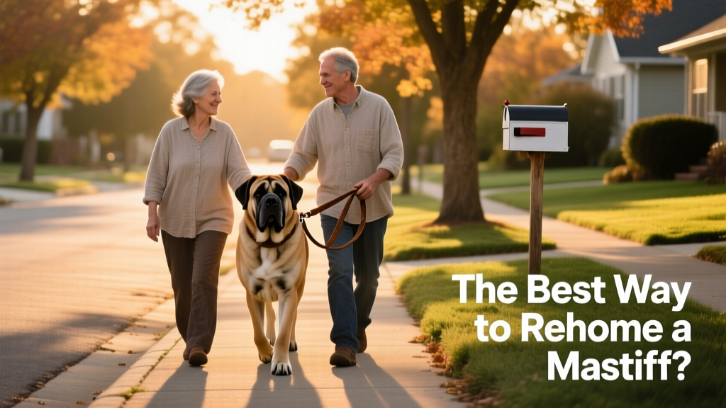 Two people gently walking a relaxed Mastiff together on a quiet neighborhood street at sunset