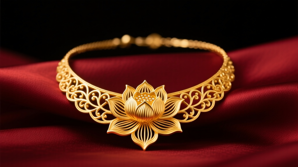 24K yellow gold Vietnamese necklace with lotus filigree resting on dark red silk fabric under soft warm studio lighting