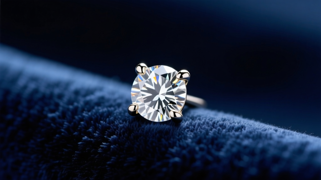 Macro shot of a 0.5 carat round brilliant diamond stud in a 14k white gold four-prong setting, resting on dark navy velvet fabric.
