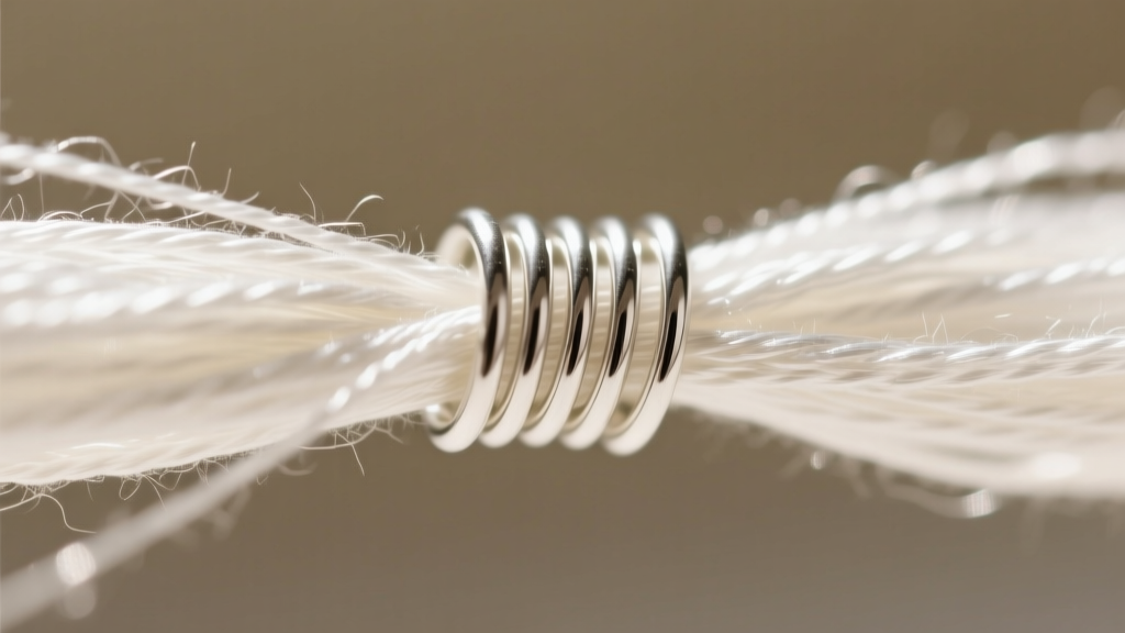 Close-up macro photography of size E white silk beading thread passing through a delicate sterling silver French wire coil.