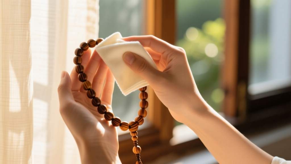 Hands gently wiping a sandalwood Buddhist prayer beads necklace with a soft cloth in warm, natural morning sunlight by a window.
