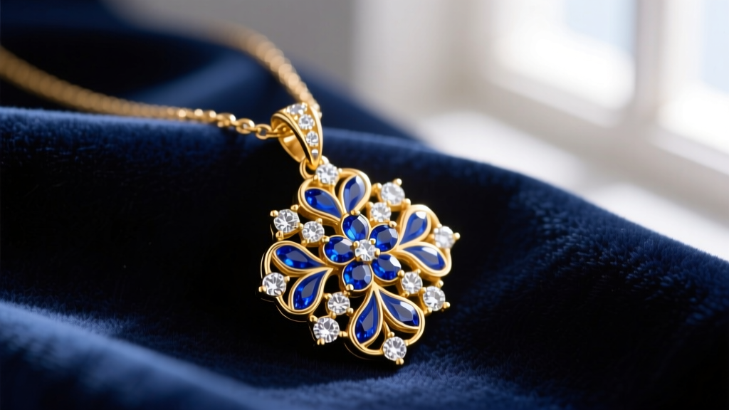 Macro shot of a gold vermeil Ella Enchanted necklace pendant with crystal and blue enamel details resting on dark velvet fabric.