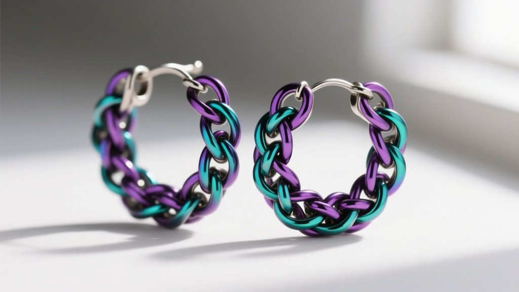 Macro photo of anodized niobium chainmaille jump ring earrings in Byzantine weave, showing iridescent purple and teal on grey.